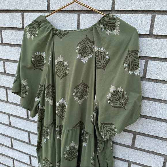 Old Navy V-Neck Mini Swing Dress Olive Green Block Print Tiered Cotton Blend - Picture 12 of 14